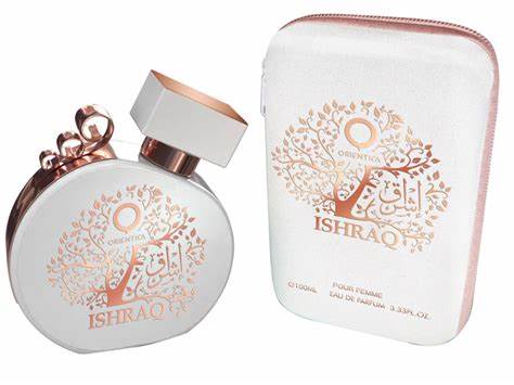 A captivating bottle of Dubai Perfumes Orientica Ishraq 100ml Eau De Parfum, accompanied by a delicate pouch.