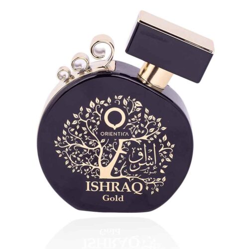 Orientica Ishraq Gold 100ml Eau De Parfum, an exquisite fragrance in a bottle, showcased on a white background.