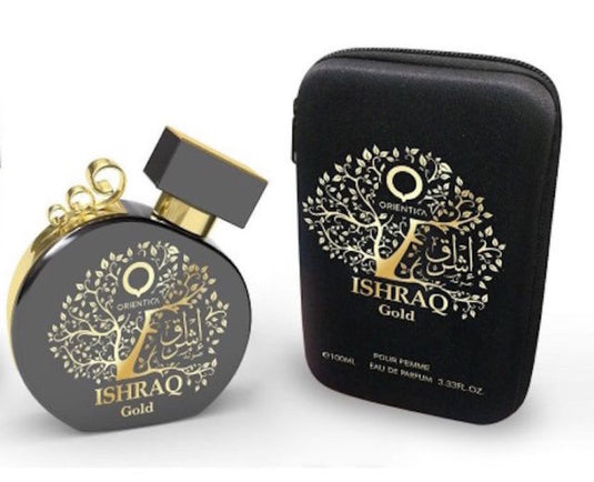 A bottle of Orientica Ishraq Gold 100ml Eau De Parfum with a gold case.