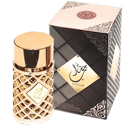 A bottle of Ard Al Zaafaran Jazzab Gold, 100ml Eau de Parfum perfume with a box next to it.