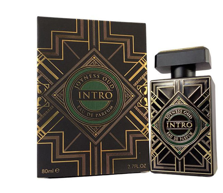 Load image into Gallery viewer, A bottle of Fragrance World Joyness Oud Intro 80ml Eau de Parfum with a gold and black label by Dubai Perfumes.

