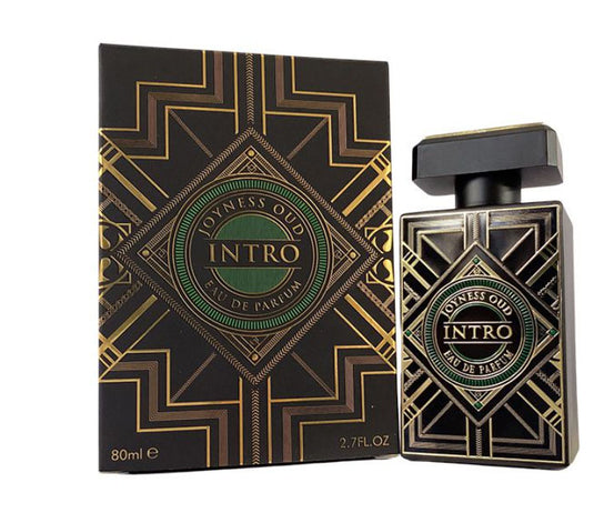 A bottle of Fragrance World Joyness Oud Intro 80ml Eau de Parfum with a gold and black label by Dubai Perfumes.