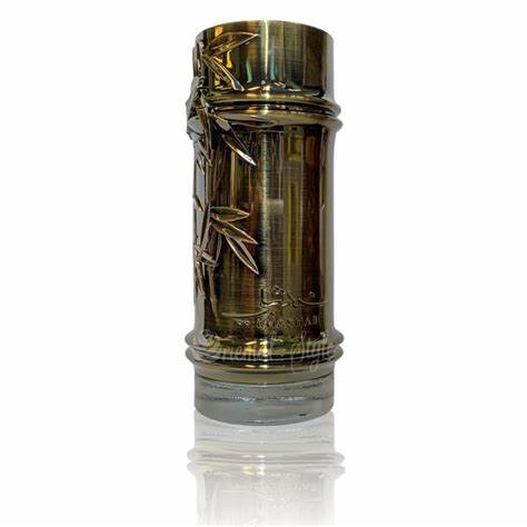 A Lattafa Kashabi 100ml Eau De Parfum gift with a bamboo design on a gold vase.