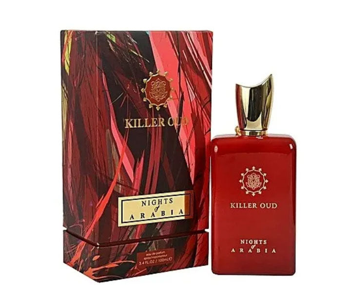 Load image into Gallery viewer, A bottle of Dubai Perfumes Killer Oud Nights of Arabia 100ml Eau de Parfum in front of a box.
