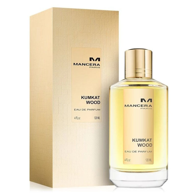 Load image into Gallery viewer, A bottle of Mancera Kumkat Wood 120ml Eau De Parfum in front of a box.
