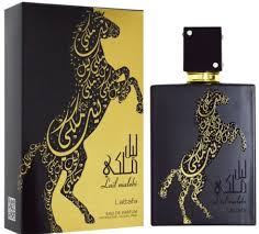 A Lattafa Lail Maleki 100ml Eau de Parfum fragrance bottle with an Arabic horse on it for men and women.