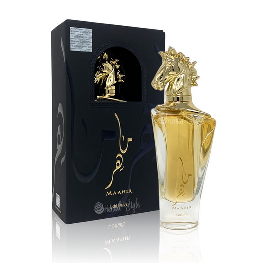 A Lattafa fragrance with a golden horse on the bottle.