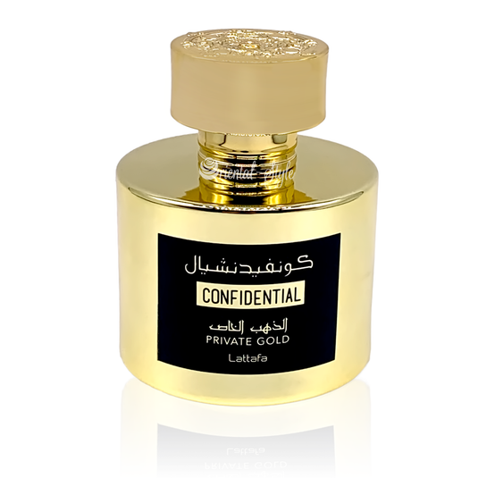 A Lattafa Confidential Gold 100ml Eau De Parfum in a bottle of gold fragrance on a white background.