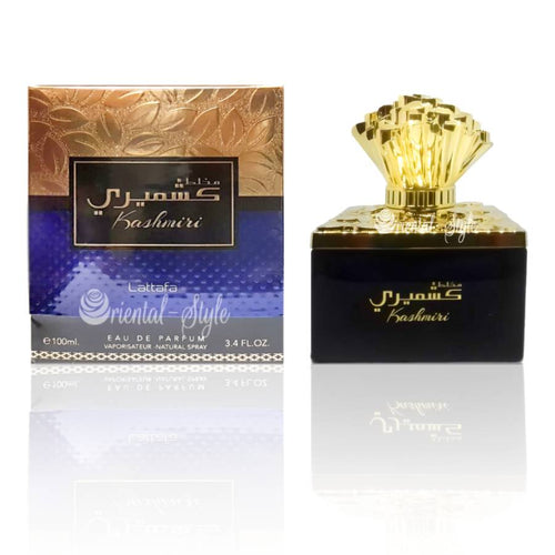 A bottle of Lattafa Mukhallat Kashmiri 100ml Eau De Parfum with a gold box next to it.