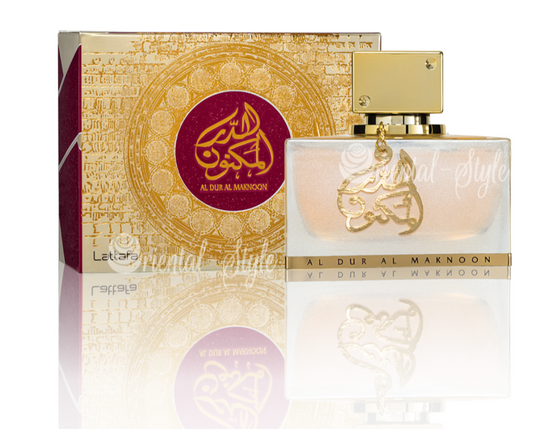 A fragrant bottle of Lattafa Al Dur Al Maknoon Gold 100ml Eau De Parfum with arabic writing by Lattafa.