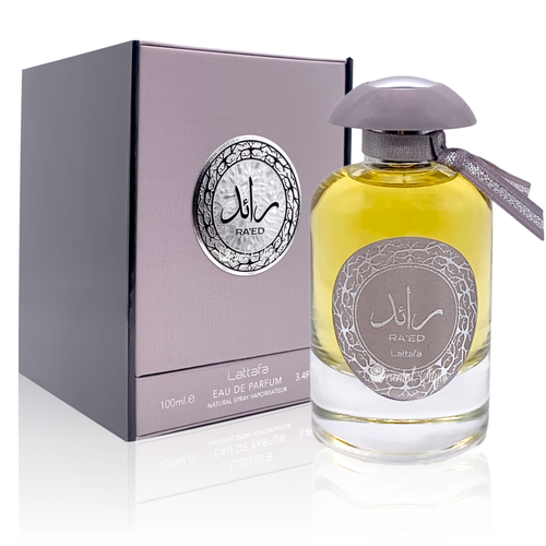 A bottle of Lattafa Ra'ed 100ml Eau de Parfum by Dubai Perfumes in front of a box.