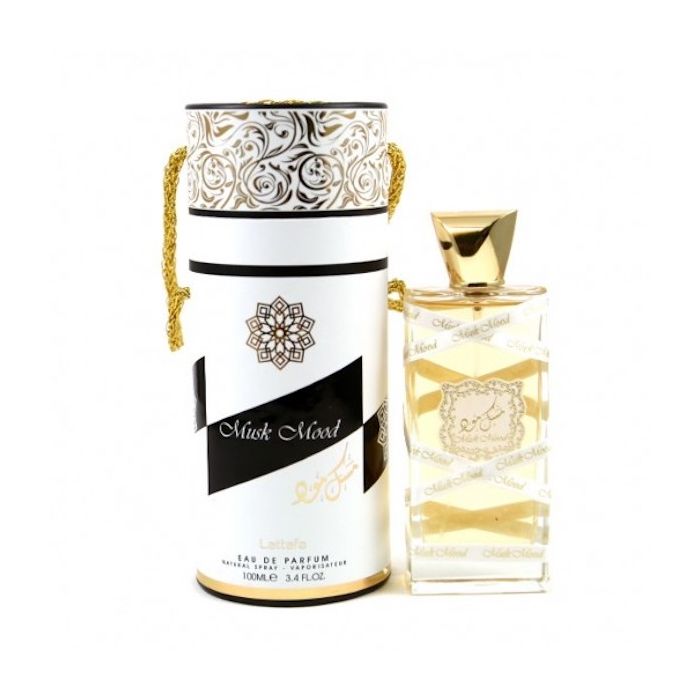 Load image into Gallery viewer, A bottle of Lattafa Musk Mood 100ml Eau De Parfum and a box next to it, containing white musk.

