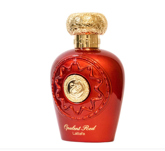 A bottle of Lattafa Opulent Red 100ml Eau De Parfum by Lattafa on a white background.
