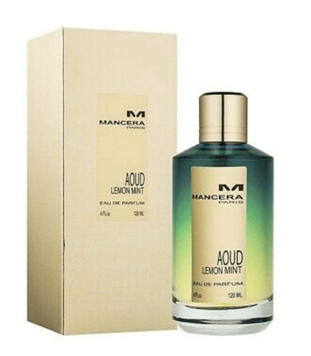 A bottle of Mancera Aoud Lemon Mint 120ml Eau De Parfum atop a box.