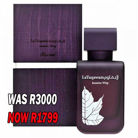 Load image into Gallery viewer, A Rasasi La Yuqawam Jasmine Wisp 75ml bottle for men with a purple box.
