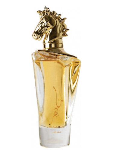 Load image into Gallery viewer, A Lattafa Maahir 100ml Eau De Parfum bottle with red berries and amber floral accents.
