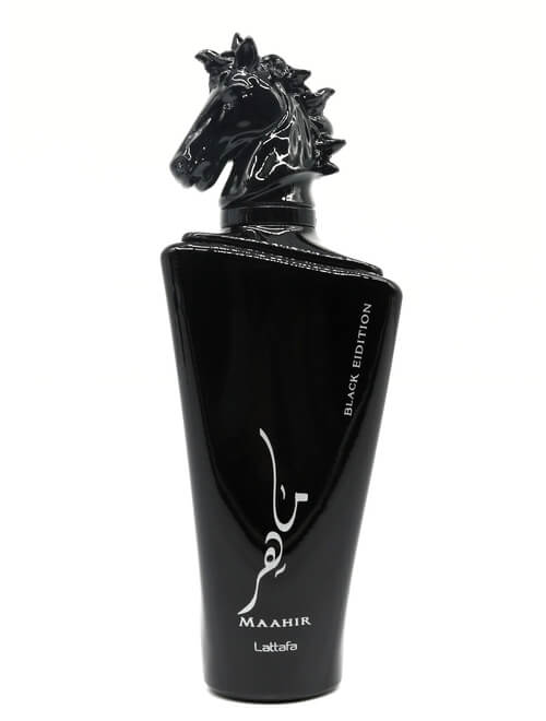 A Lattafa Maahir Black Edition 100ml Eau De Parfum bottle with a horse on it, containing an Amber Spicy fragrance.