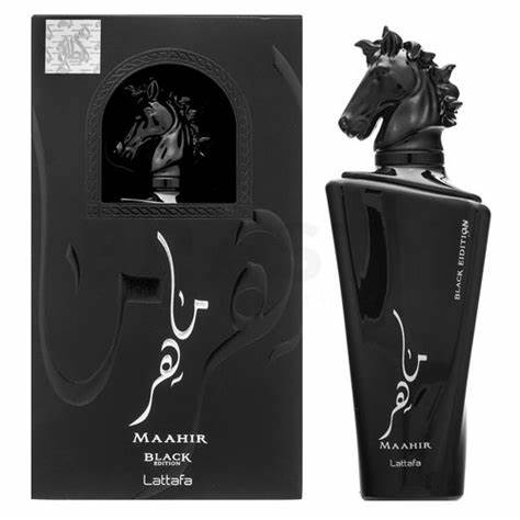 A Lattafa Maahir Black Edition 100ml Eau De Parfum bottle with a horse on it, Lattafa Maahir Black Edition by Lattafa.