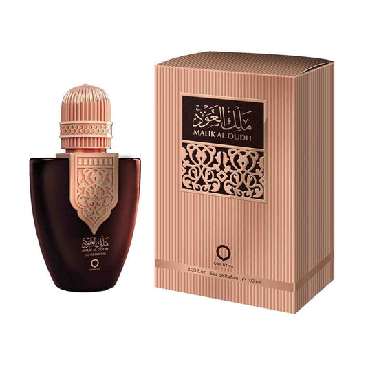 A bottle of Orientica Malik Al Oudh 100ml Eau De Parfum with a box next to it, containing Oudh and Amber notes.