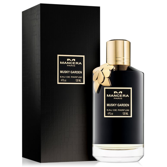 Mancera Musky Garden 120ml Eau De Parfum is a black perfume packaged in a box.