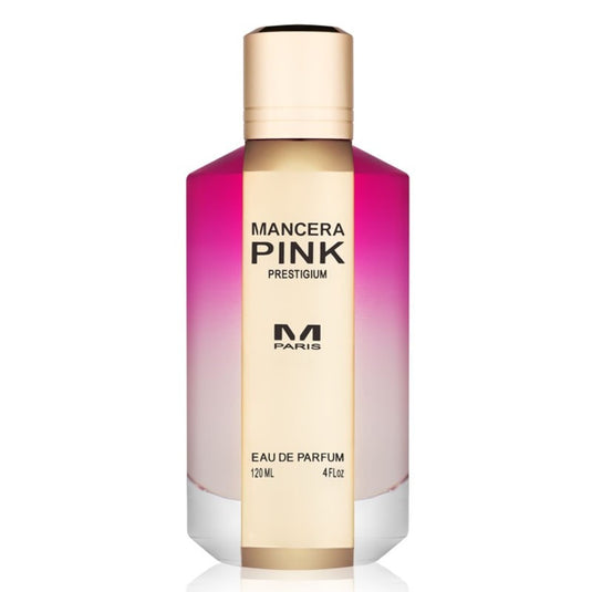 A bottle of Mancera Pink Prestigium 120ml Eau De Parfum on a white background.
