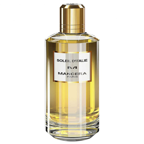 Mancera Soleil D'Italie 120ml EDP fragrance, a bottle of perfume with a gold bottle on a white background.