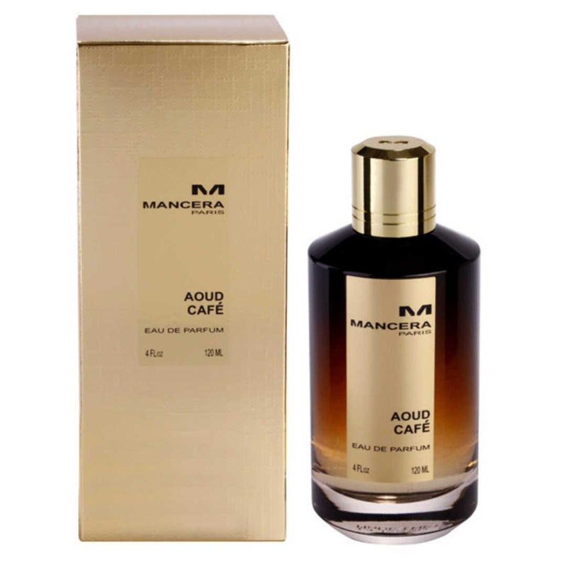 Load image into Gallery viewer, A bottle of Mancera Aoud Café 120ml Eau De Parfum with a Rio Perfumes box next to it.
