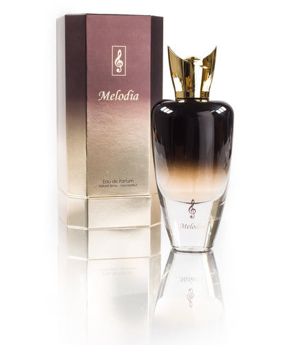 A bottle of Paris Corner Melodia 90ml Eau De Parfum fragrance by Dubai Perfumes with a box in front of it, suitable for men & women.