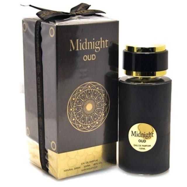 Load image into Gallery viewer, A bottle of Fragrance World Midnight Oud 100ml Eau De Parfum with a box next to it.
