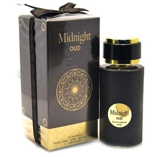 A bottle of Fragrance World Midnight Oud 100ml Eau De Parfum with a box next to it.