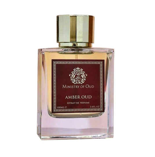 A bottle of Ministry of Oud Amber Oud 100ml Extrait De Parfum cologne by Dubai Perfumes on a white background.