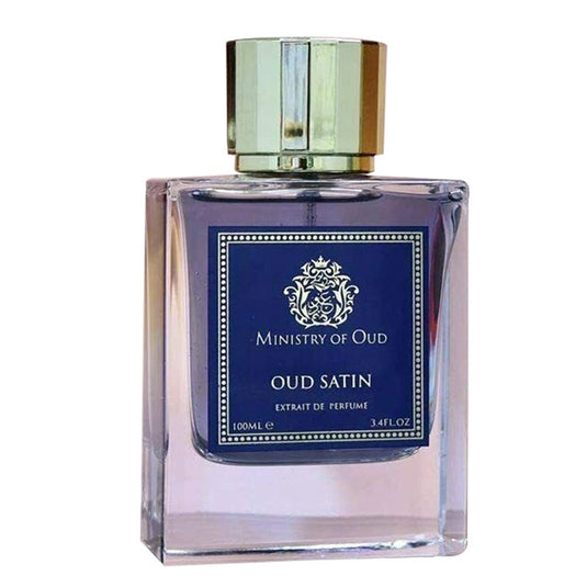 A bottle of Paris Corner Ministry of Oud Satin 100ml Extrait de Perfume on a white background.