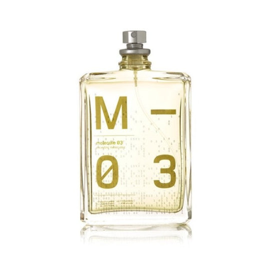 A bottle of Rio Perfumes Molecule 03 100ml edt on a white background.