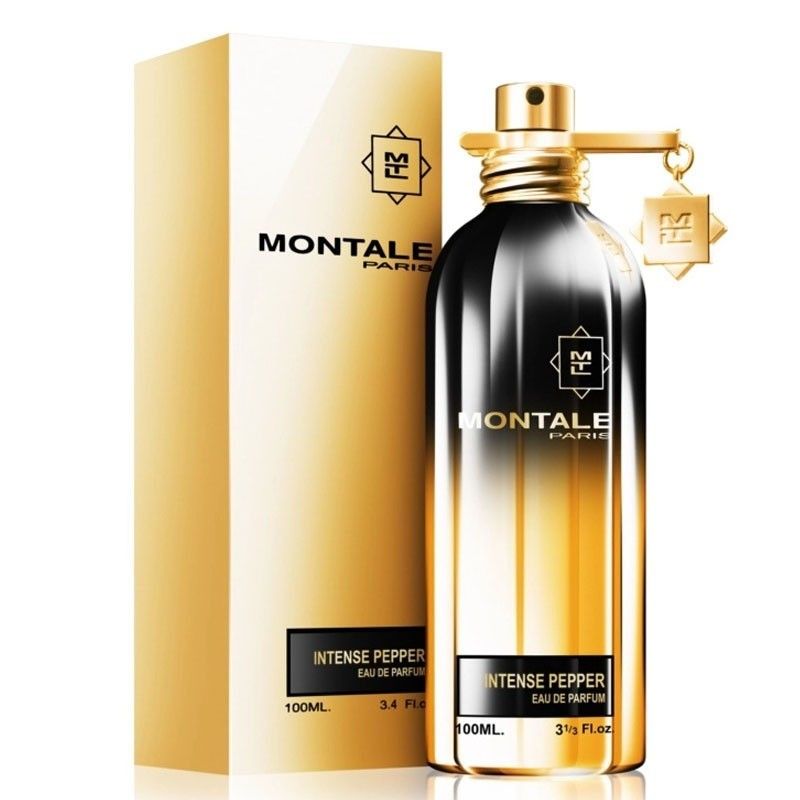 Load image into Gallery viewer, A Montale Paris Intense Pepper 100ml Eau de Parfum bottle in a gold and black design beside its matching box.
