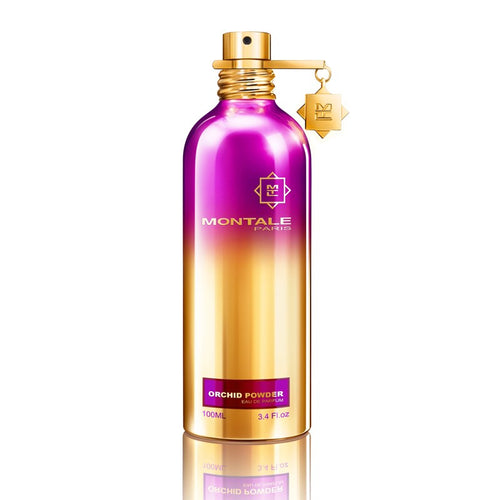 A bottle of Montale Paris Orchid Powder 100ml Eau De Parfum, elegantly designed with hints of purple and gold, rests on a pristine white background.