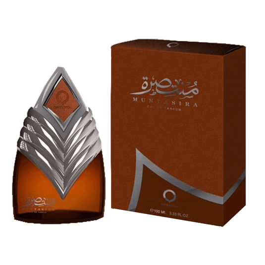 A bottle of Orientica Muntasira 100ml Eau De Parfum with a box next to it, suitable for both Men & Women.