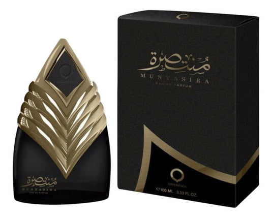 A Dubai Perfumes Orientica Muntashira Dhahab 100ml Eau De Parfum bottle.