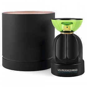 A black Les Indemodables bottle with a green lid containing Les Indemodables My Wonderful Oud 90ml Eau De Parfum in a sleek black box.