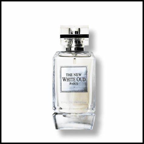A bottle of New White Oud 100ml Eau De Parfum by Dubai Perfumes on a white background.