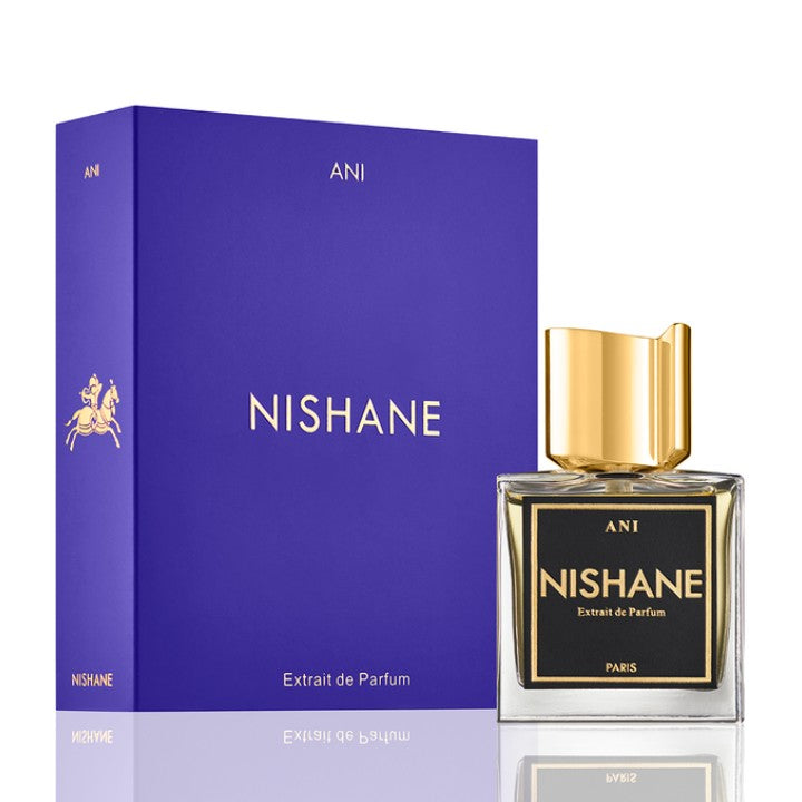 A bottle of Nishane Ani 100ml Eau De Parfum, perfect for both men and women, adorned with an exquisite box.