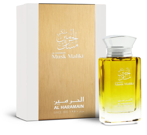A fragrant bottle of Al Haramain Amber Maliki 100ml Eau De Parfum cologne with a box.