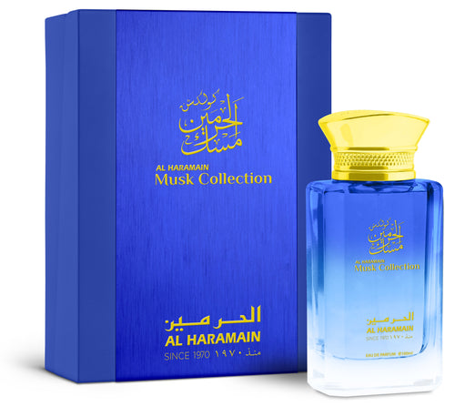 A bottle of Al Haramain Musk Collection 100ml Eau De Parfum (EDP) in a blue box, suitable for both men and women.
