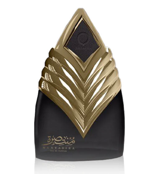 A gold and black Orientica Muntashira Dhahab 100ml Eau De Parfum perfume bottle for women on a white background by Dubai Perfumes.
