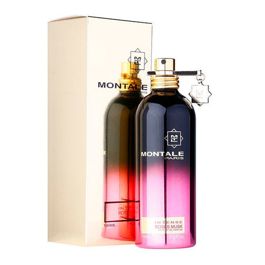 A Montale Paris Intense Roses Musk 100ml fragrance bottle of Monte Carlo EDP is placed elegantly in front of a box, exuding the intense allure of Roses Musk.