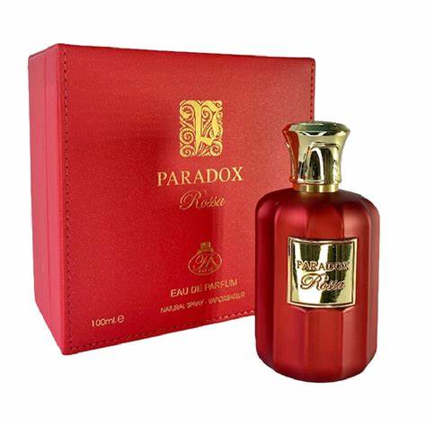 A bottle of Paris Corner Fragrance Avenue Paradox Rossa 100ml Eau De Parfum by Dubai Perfumes next to a red box emitting a captivating fragrance, perfect for women.
