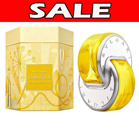 A yellow perfume bottle with a box and a sale sign. This fragrance for women is the Bvlgari Omnia Golden Citrine 65ml Eau De Toilette, available in a 65ml Eau De Toilet.