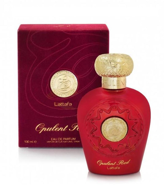 A bottle of Lattafa Opulent Red 100ml Eau De Parfum by Lattafa with a gold box next to it.