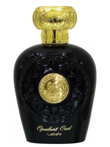 A bottle of Lattafa Opulent Oud 100ml Eau De Parfum with a gold lid.