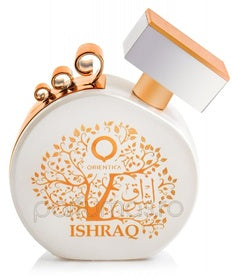 Dubai Perfumes' Orientica Ishraq 100ml Eau De Parfum, a fragrance bottle from Iraq, on a white background.