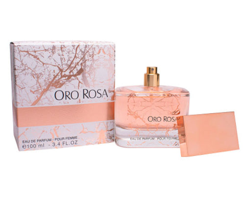 A bottle of Fragrance World Oro Rosa 100ml Eau De Parfum with a sensual scent in a box.